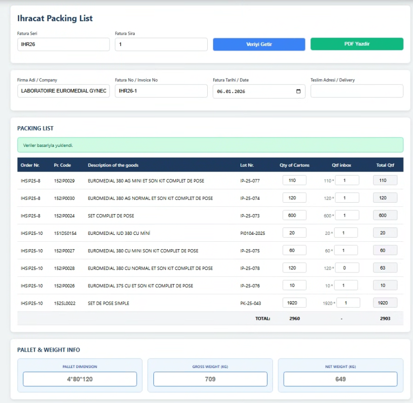 İhracat Packing List Otomasyon Sistemi